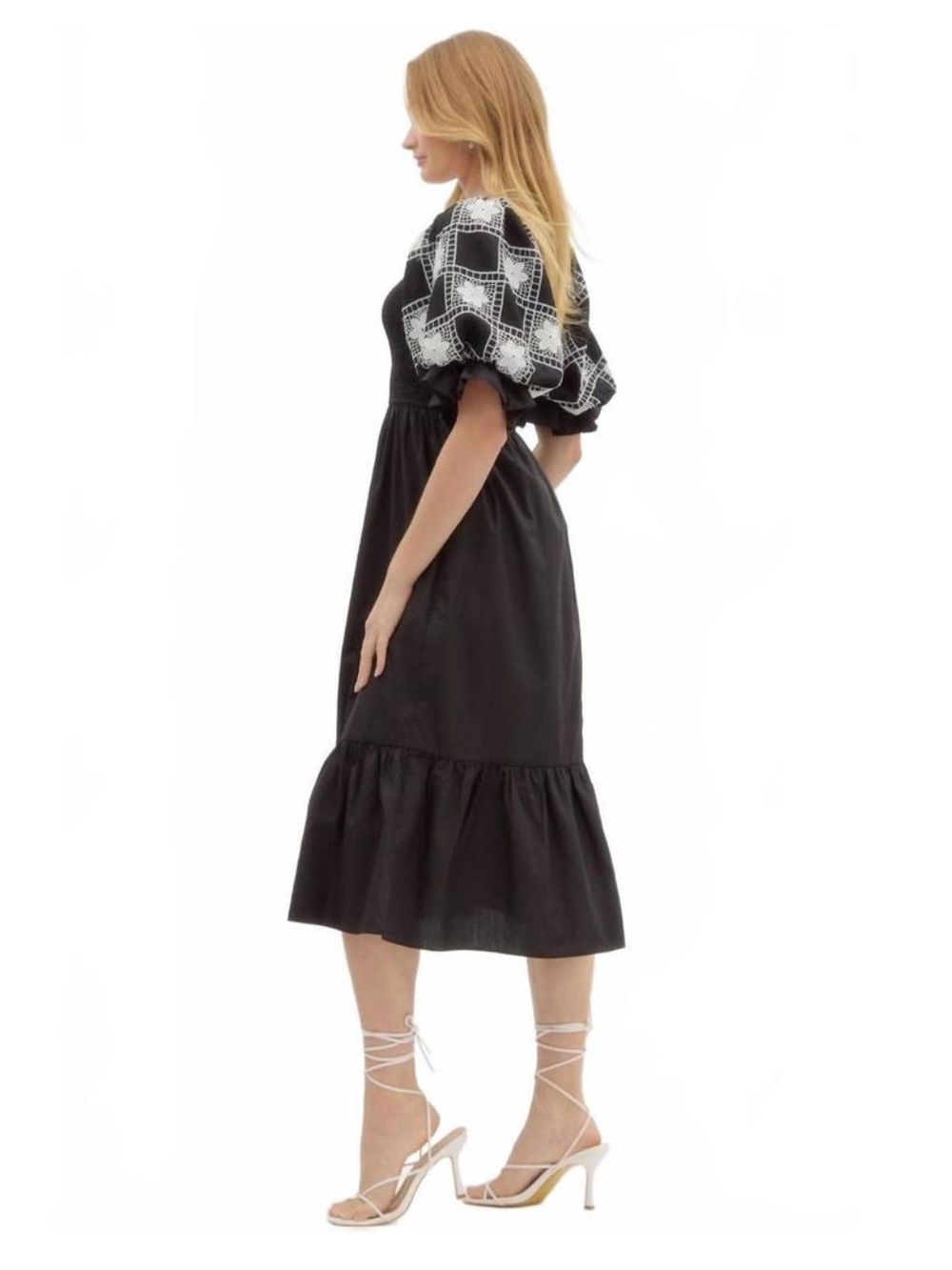 NWT Entro Kylie Puff Sleeve Midi Dress Smocked Bodice Embroidered Cotton - Picture 5 of 14